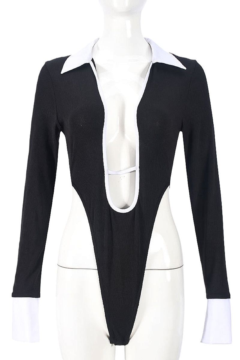 Sexy Long Sleeve Shirt Collar Bodysuit for Women