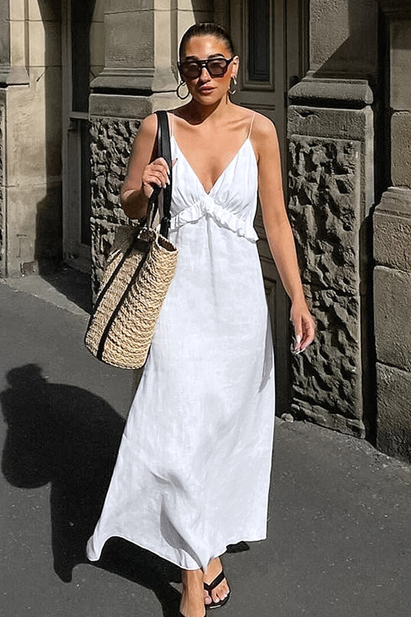 Elegant White Deep V-Neck Dress for Women