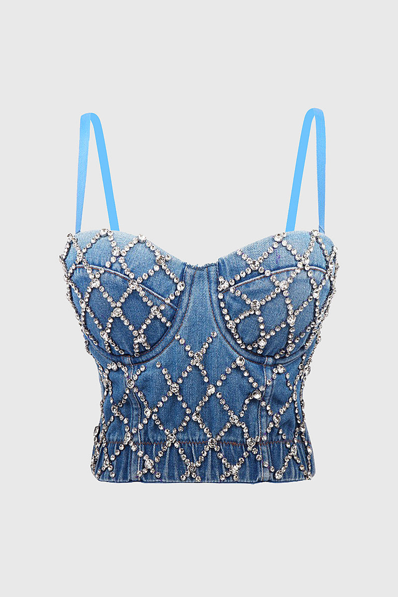 Luqiu Country Denim Beaded Strap Top
