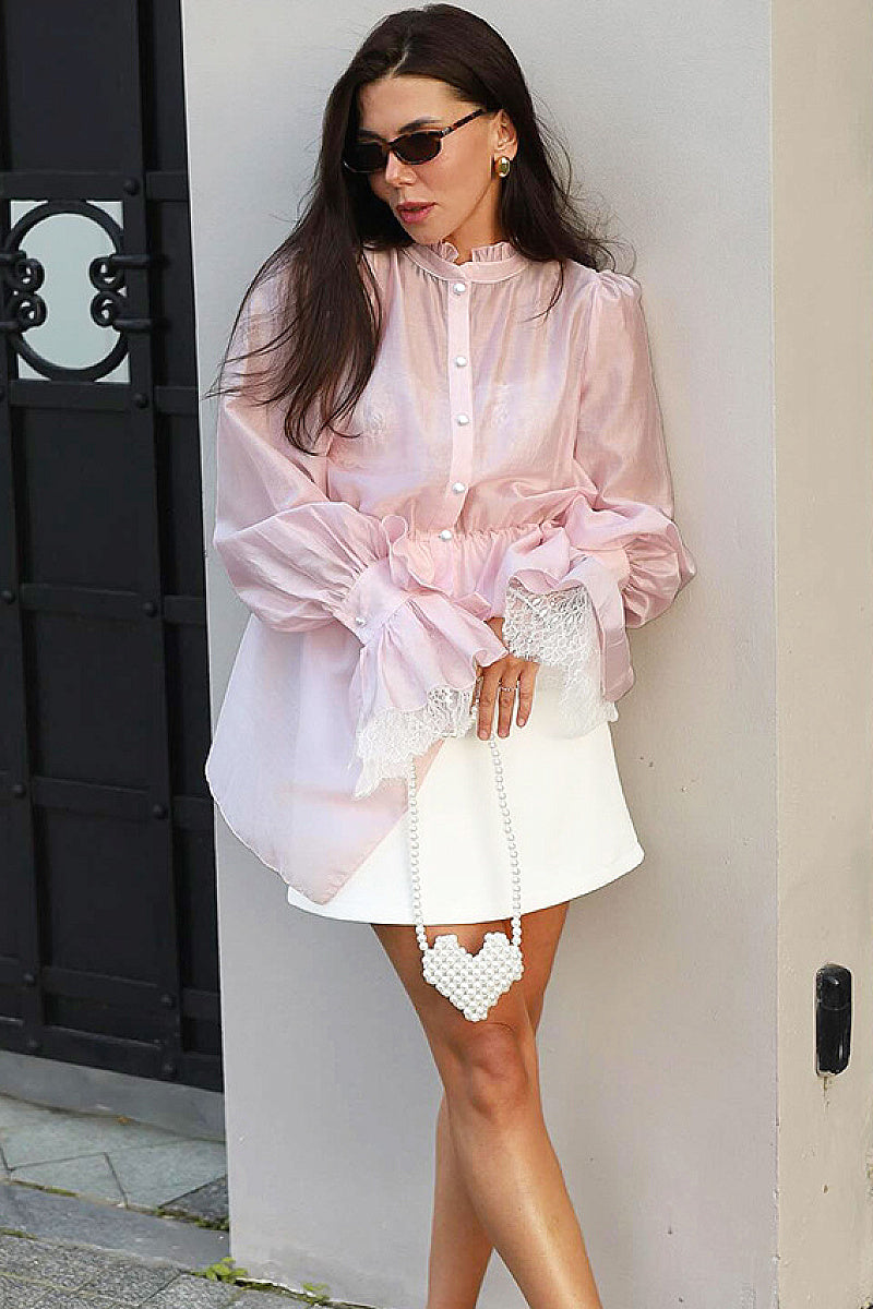 Asymmetrical Lace Shirt with Ruffle Hem