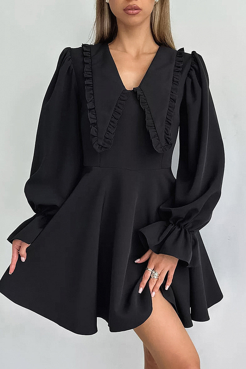 Fashionable Black Doll Collar Dress with Flare Sleeves