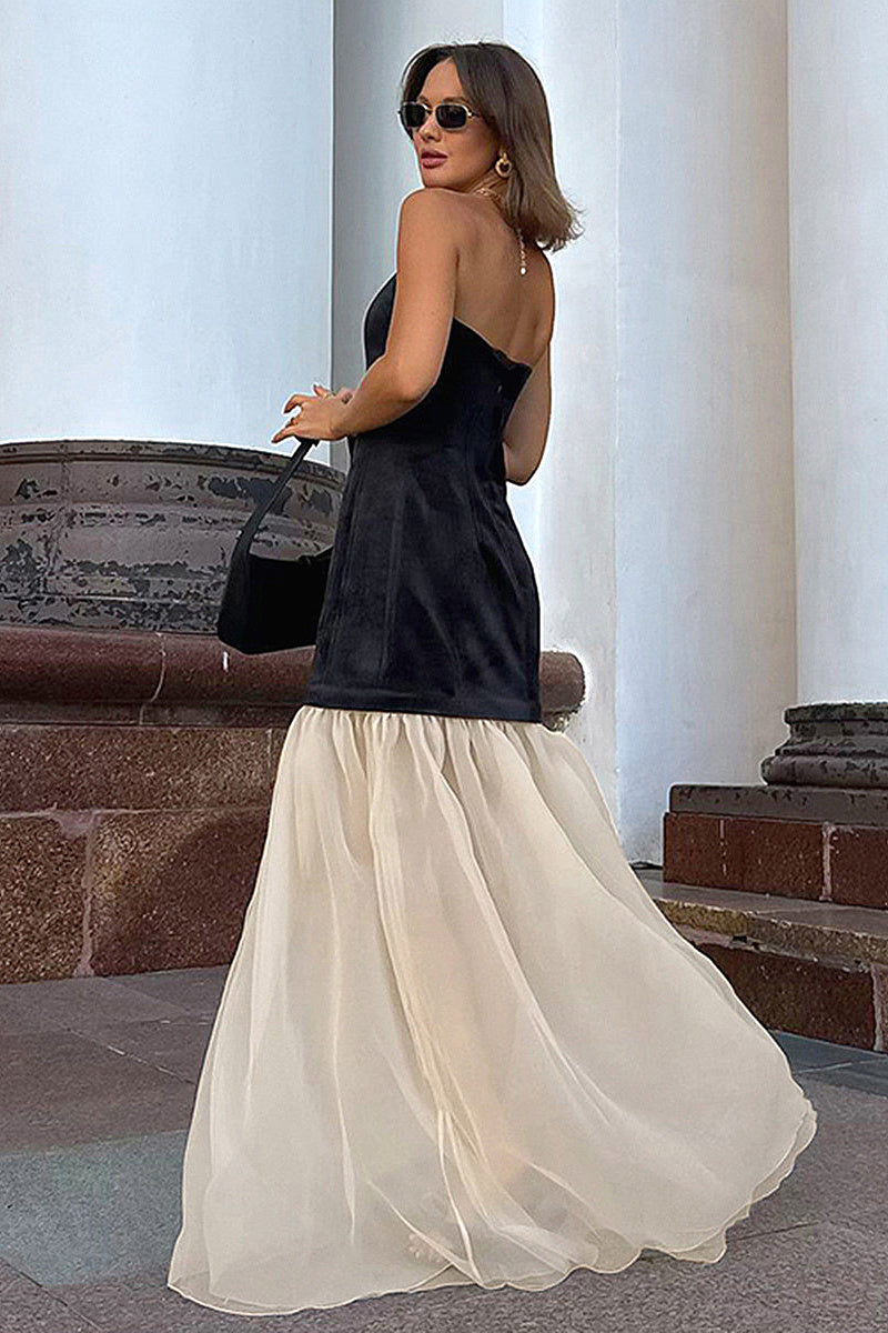 French Velvet Strapless A-Line Dress for Women