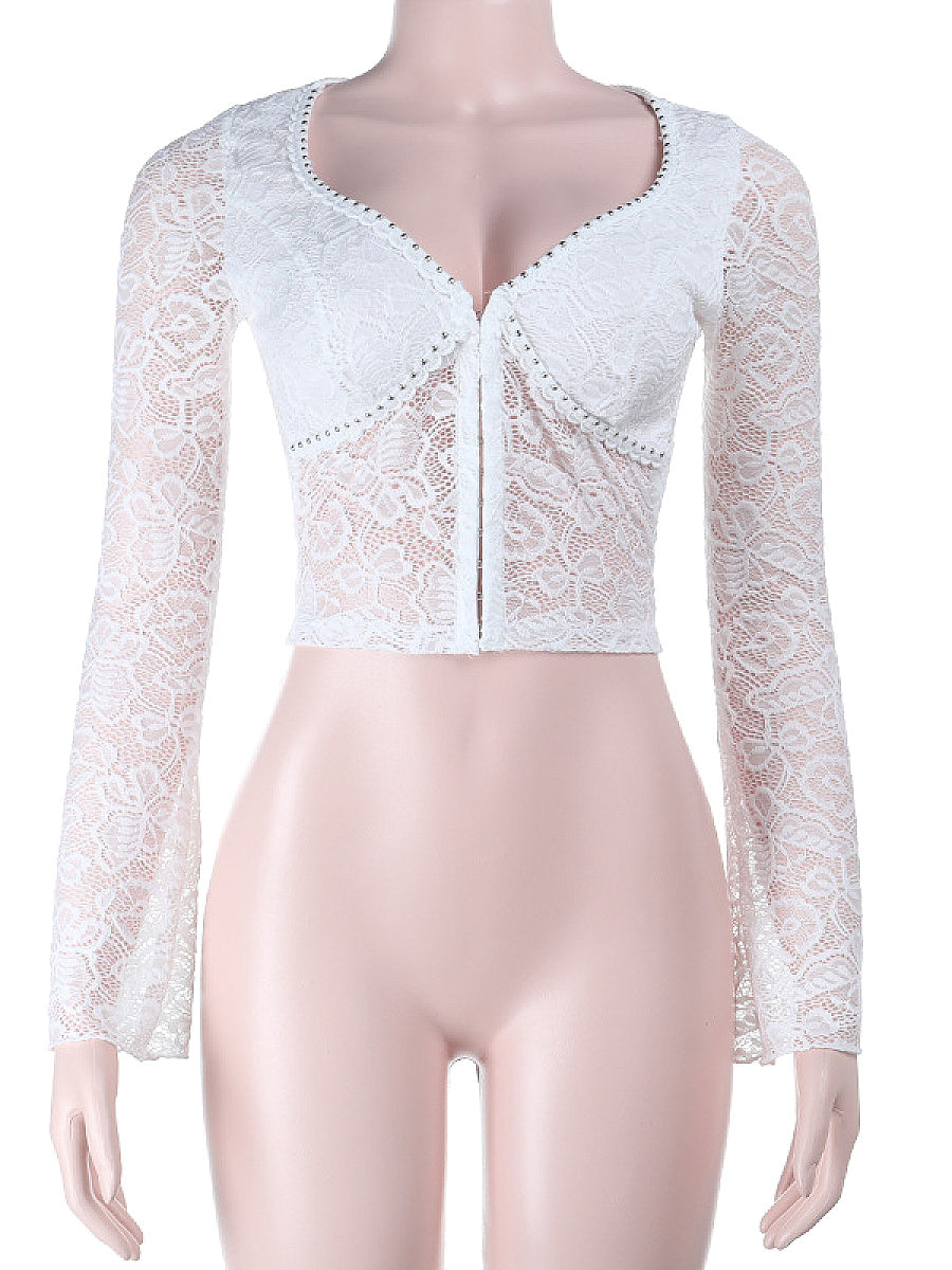 Lace Trim Long Sleeve Top for Casual Wear