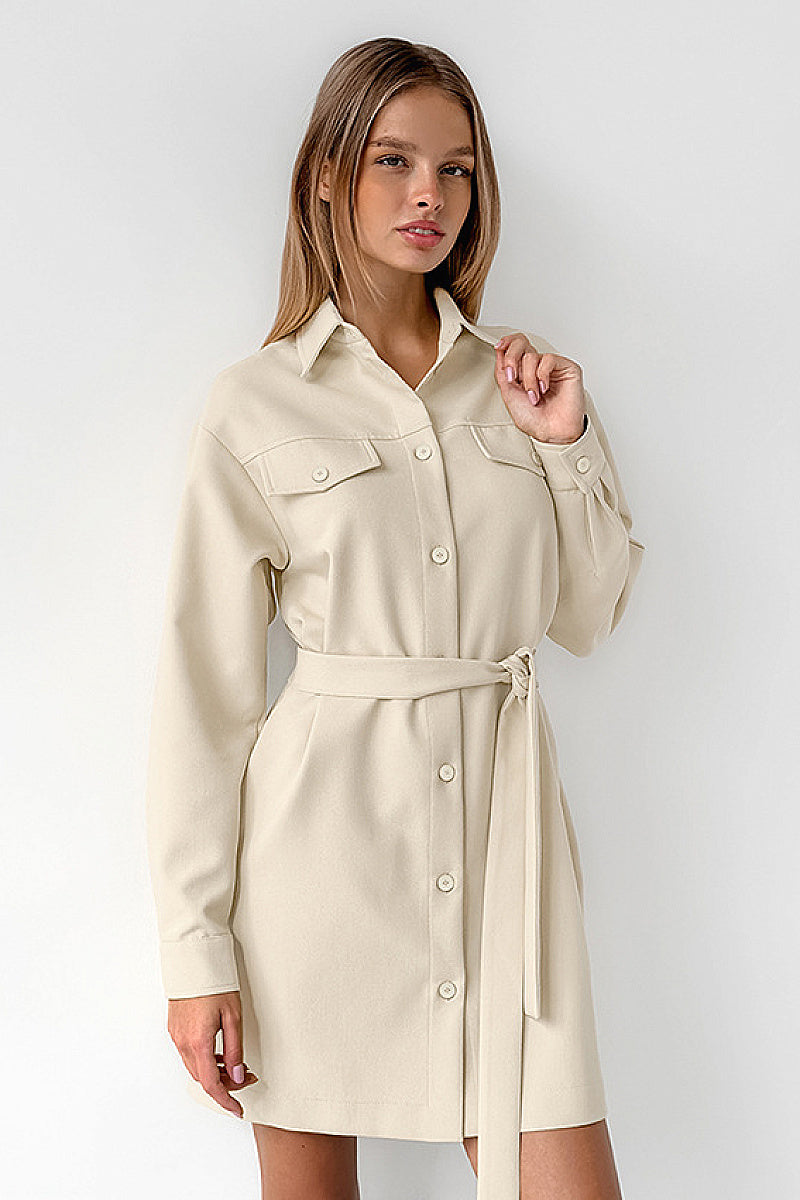 Retro Khaki Work Dress with Belted A-Line Style