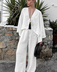 Stylish V-Neck Batwing Sleeve Top and Pants Set