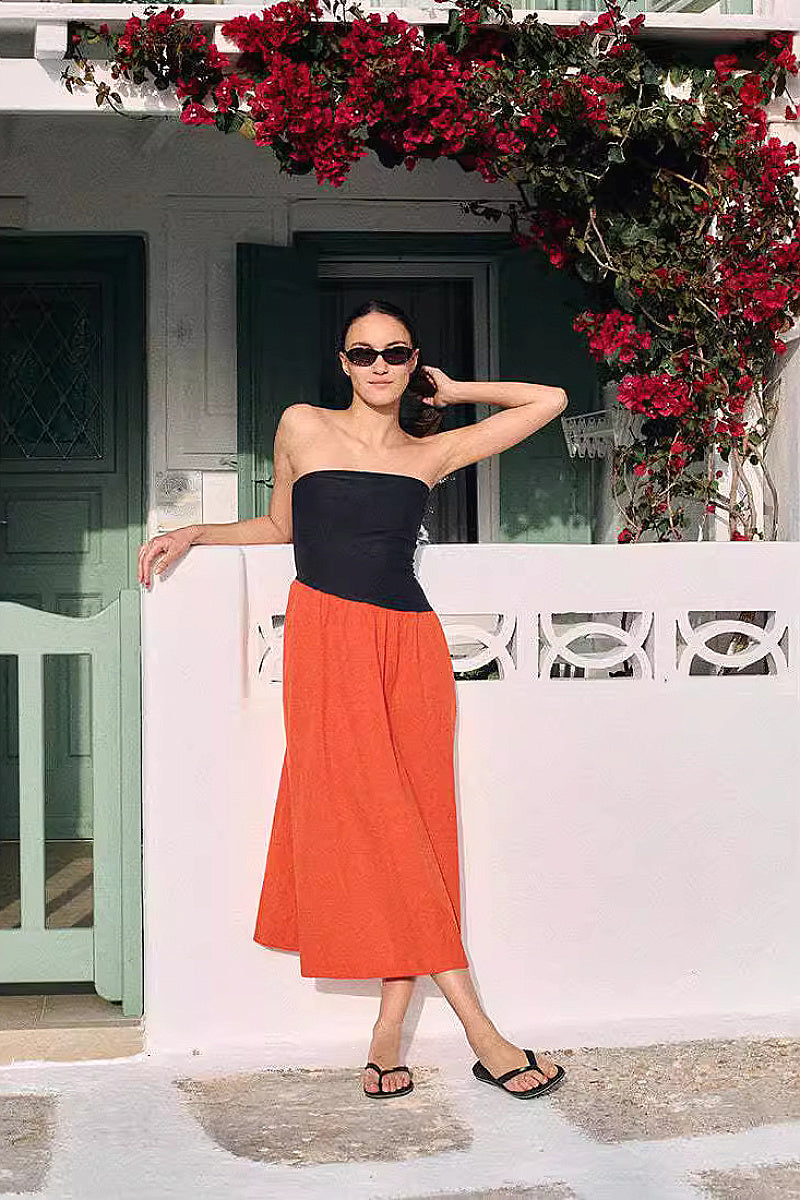 Fashion Color Block Strapless Maxi Dress
