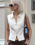 French Style White Lapel Vest for Women