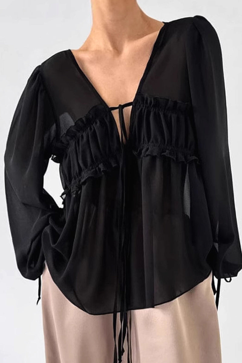 Chiffon Ruffle Tie Shirt for Women