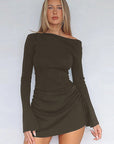 Off Shoulder Long Sleeve Drawstring Mini Dress