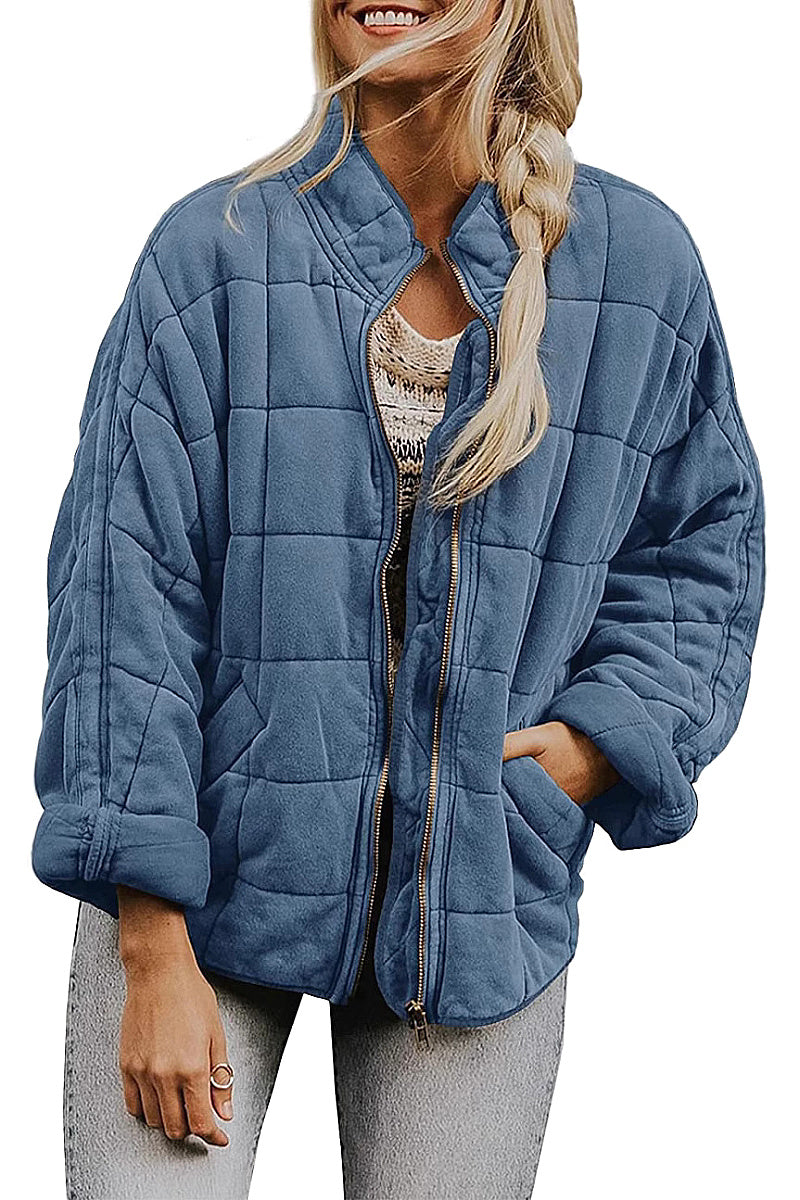 Solid Color Stand Collar Cotton Jacket for Women