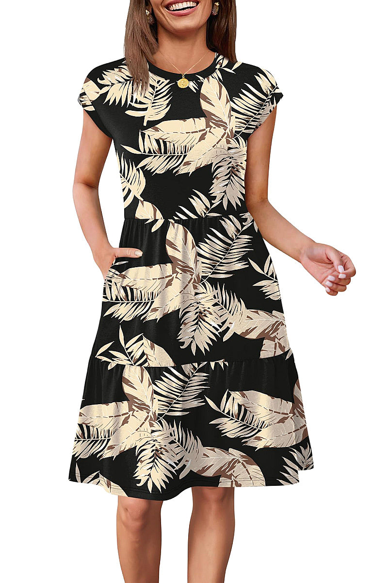 Fashionable Printed Dress with Cap Sleeves