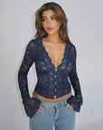 Chic Women's V-Neck Lace Long Sleeve Top