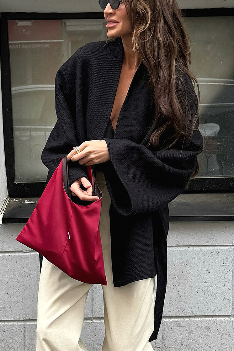 V-Neck Tie Waist Long Sleeve Jacket