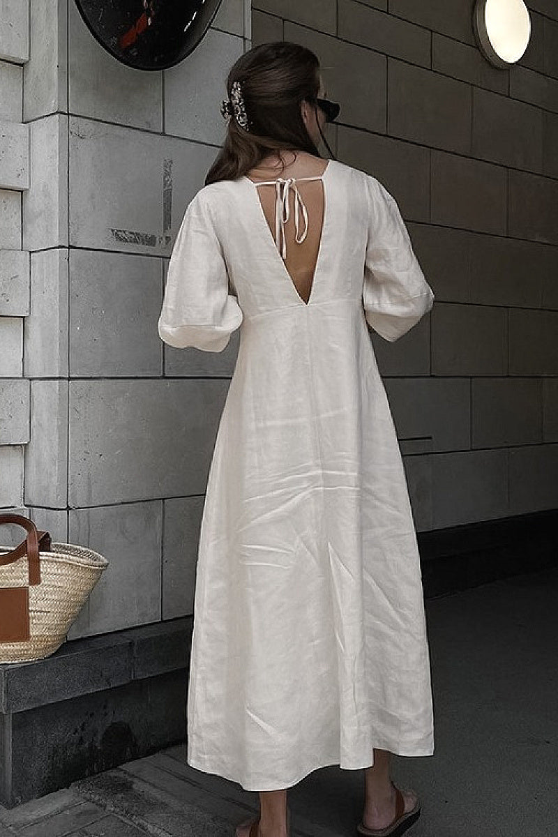 Casual Loose Cotton Linen Dress with Puff Sleeves