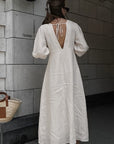 Casual Loose Cotton Linen Dress with Puff Sleeves