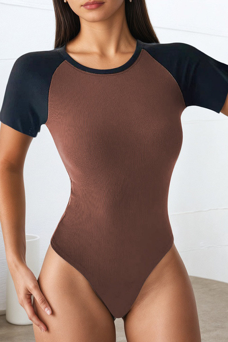 Summer Color Block Short Sleeve Bodysuit for Women