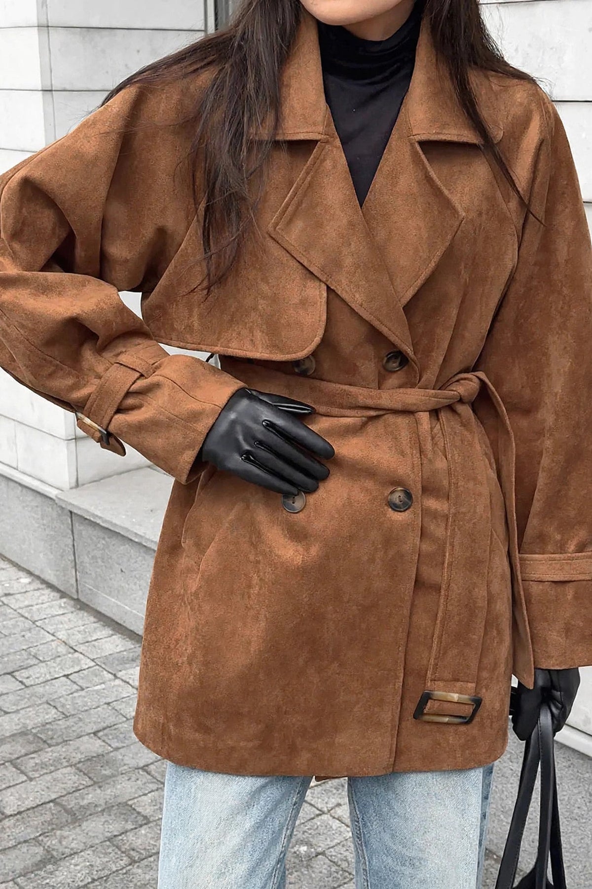 Cognac Double-Breasted Suede Coat on model