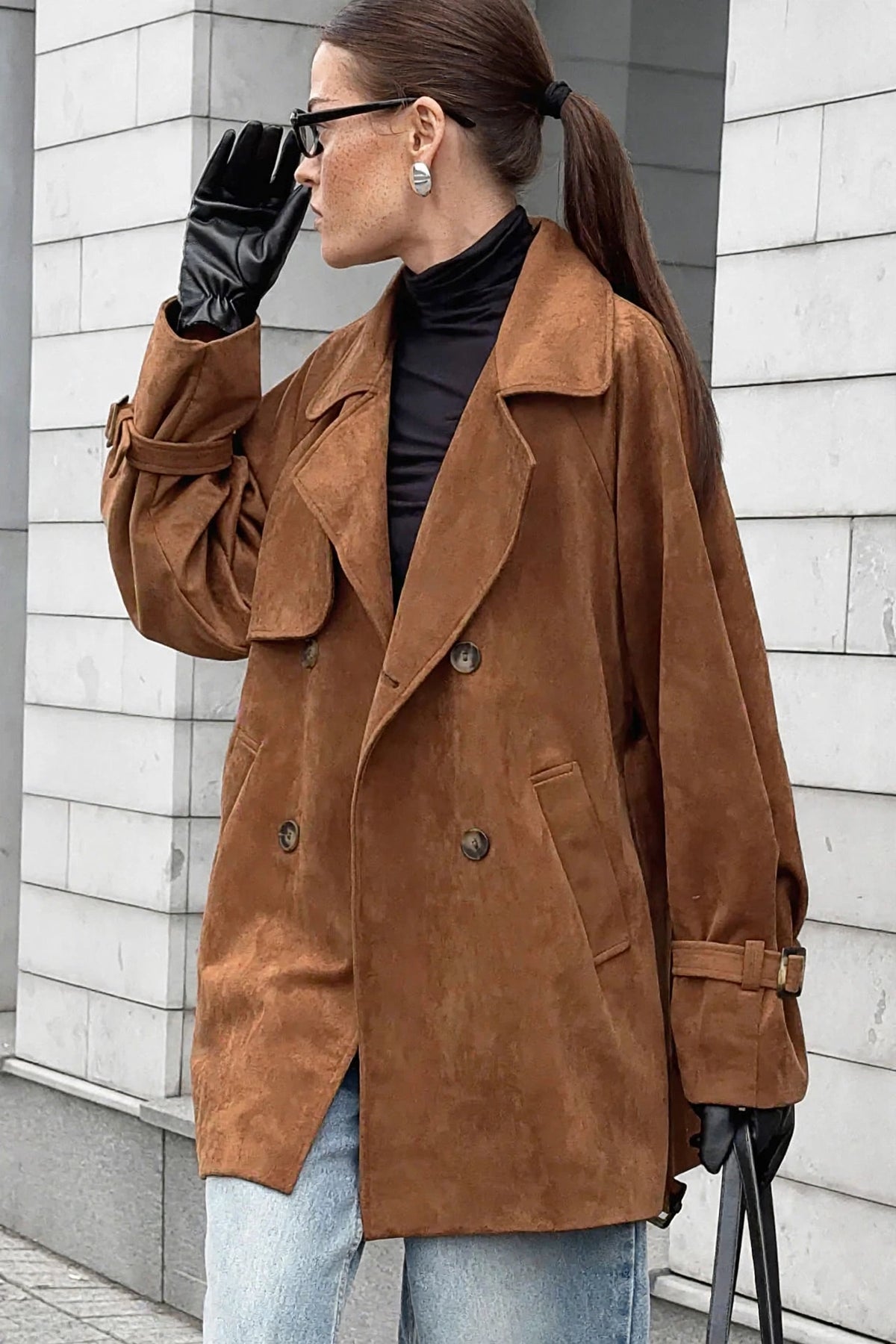 Cognac Double-Breasted Suede Coat on model