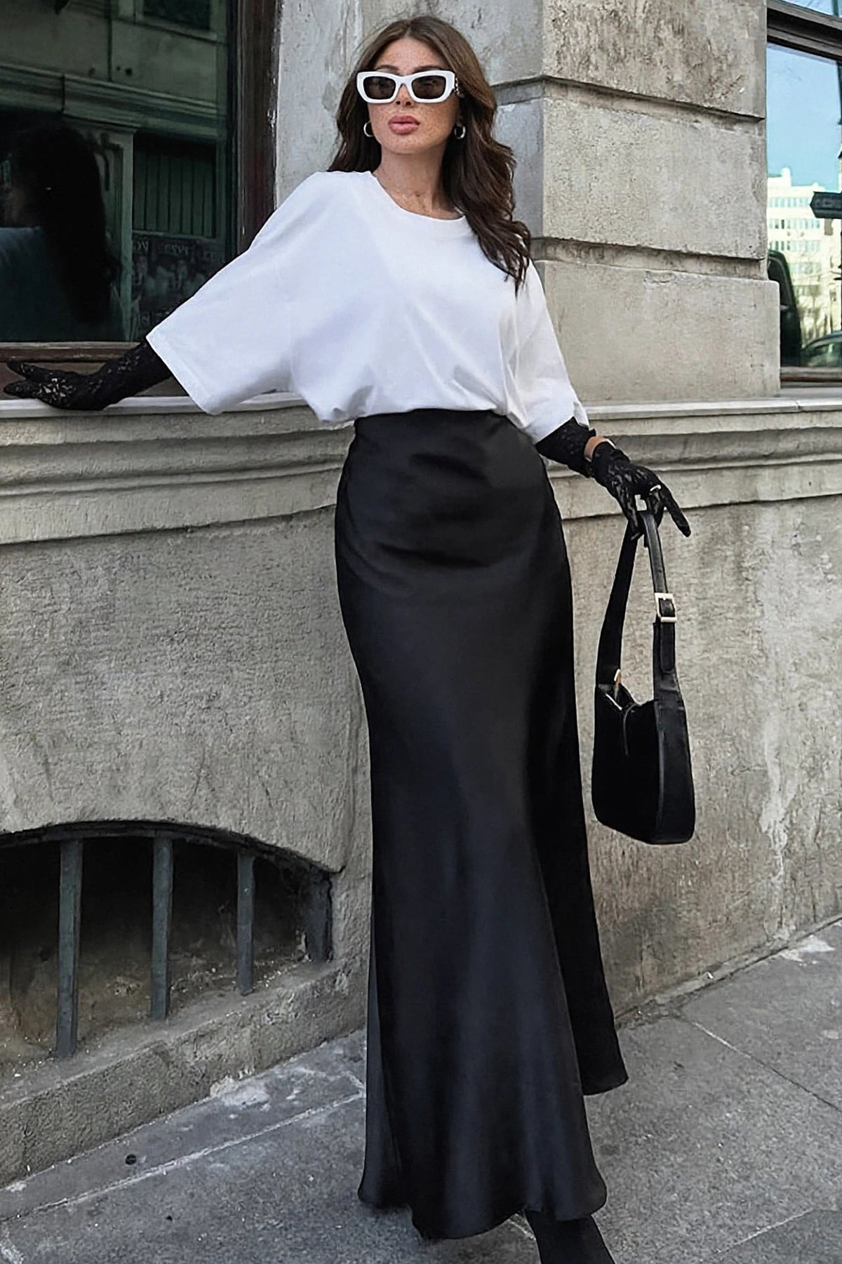 Glacé Satin Pencil Skirt on model