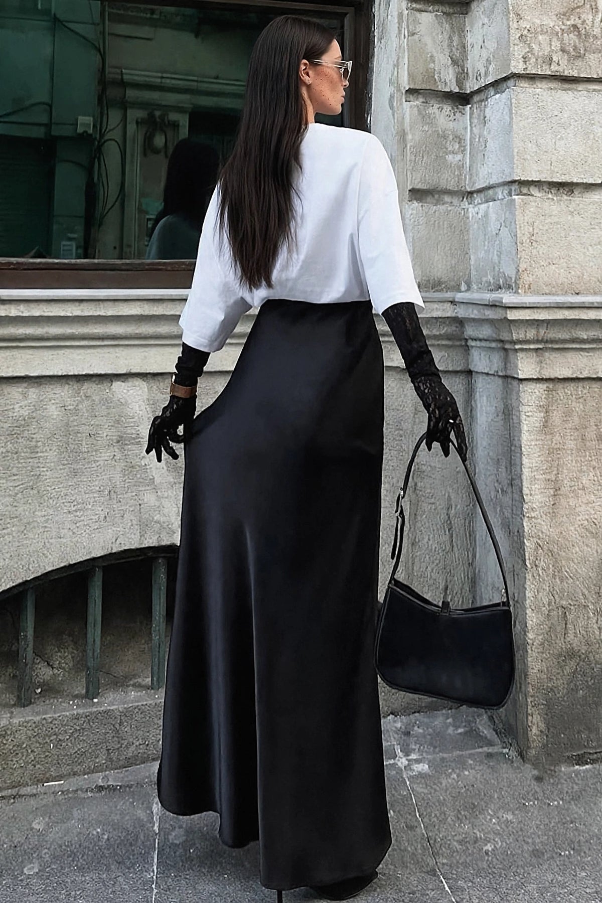 Glacé Satin Pencil Skirt on model