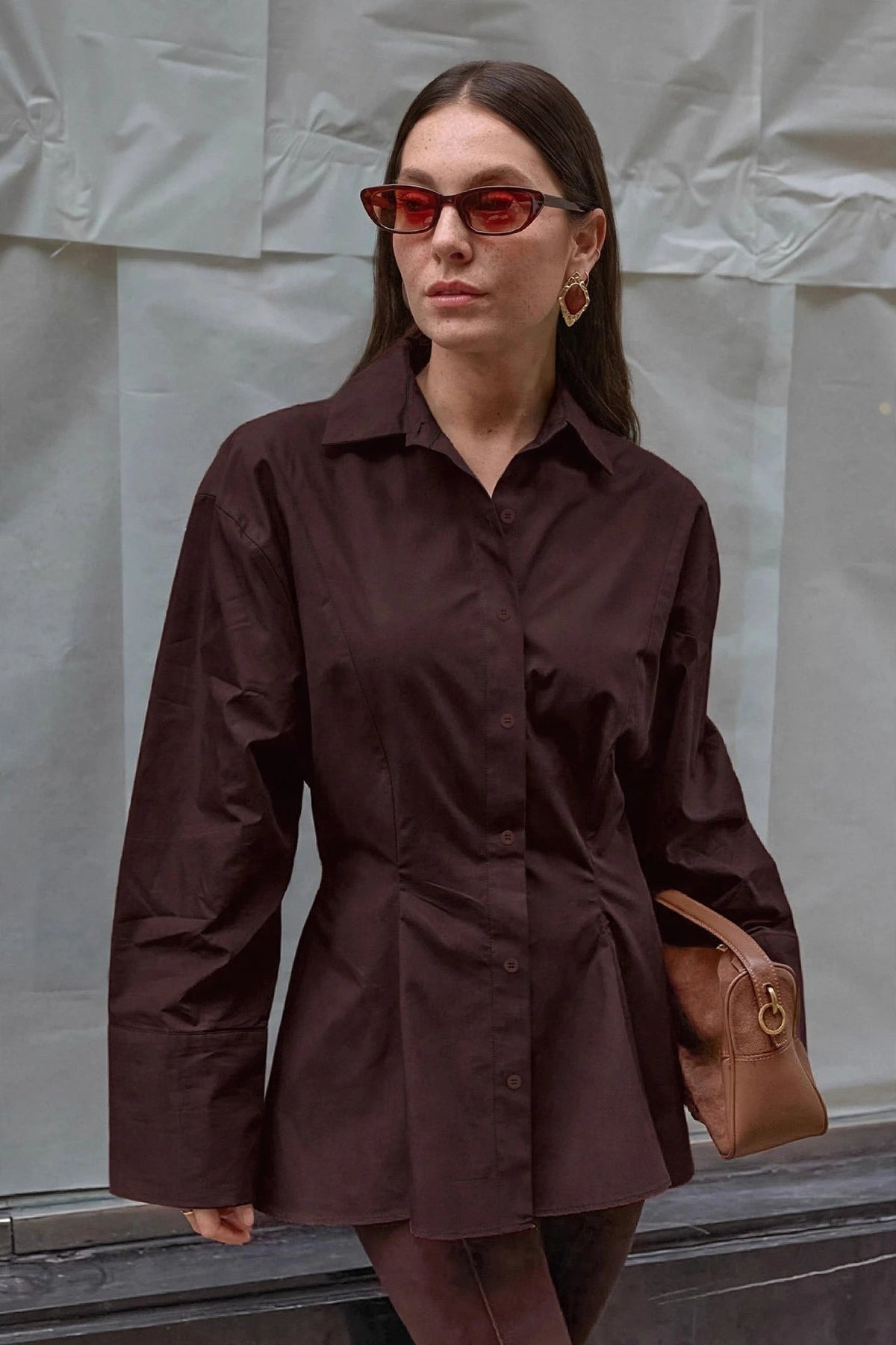 Plissée Brown Pleated Shirt on model