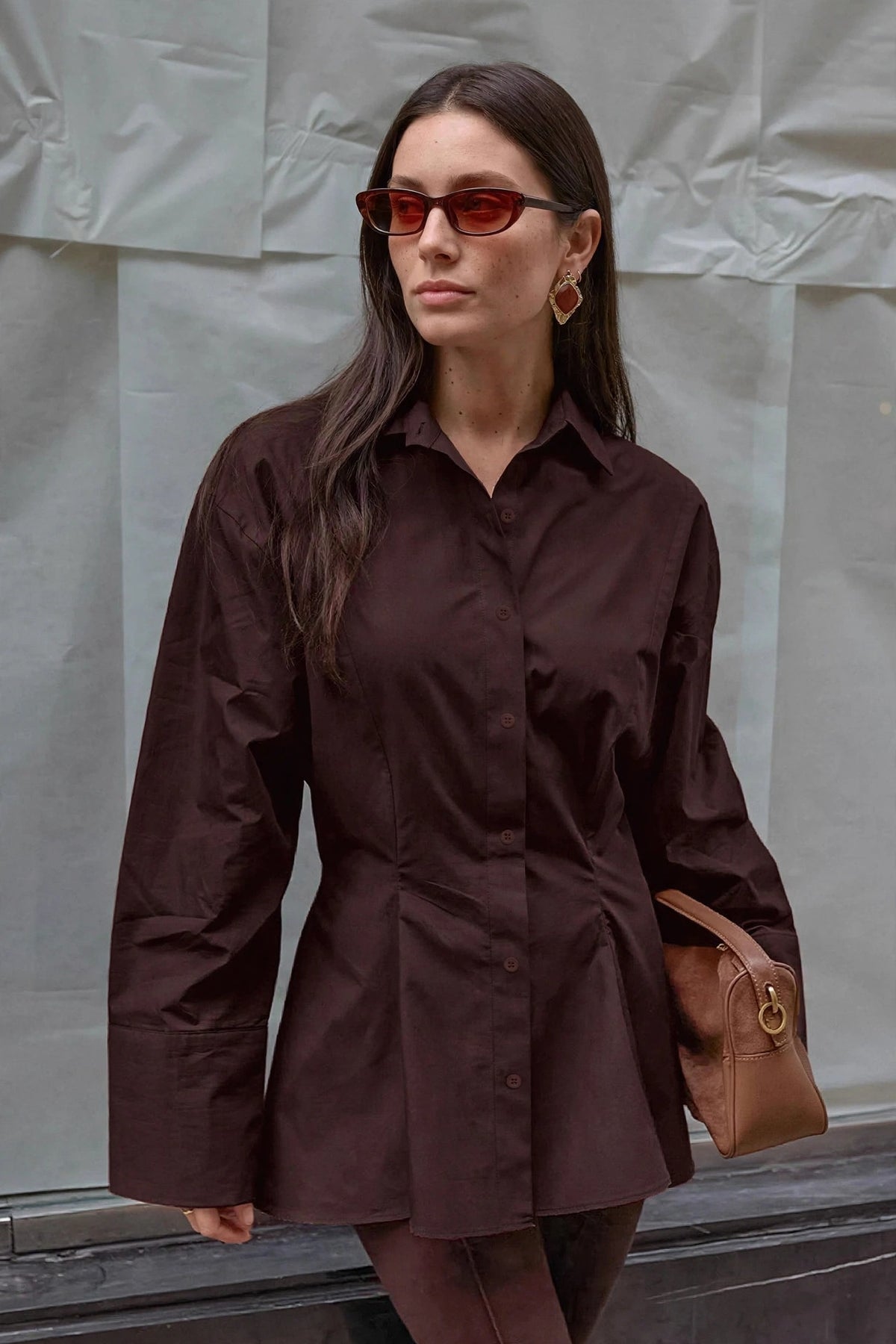 Plissée Brown Pleated Shirt on model