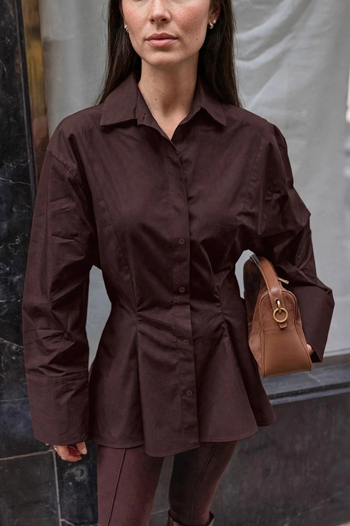 Plissée Brown Pleated Shirt on model