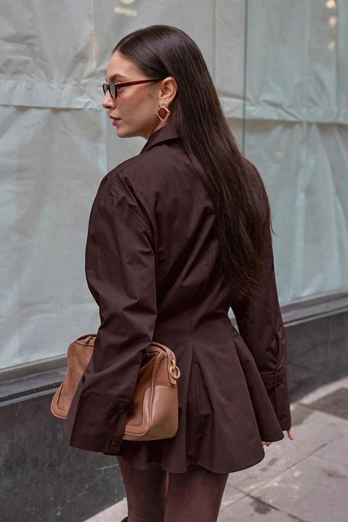 Plissée Brown Pleated Shirt on model