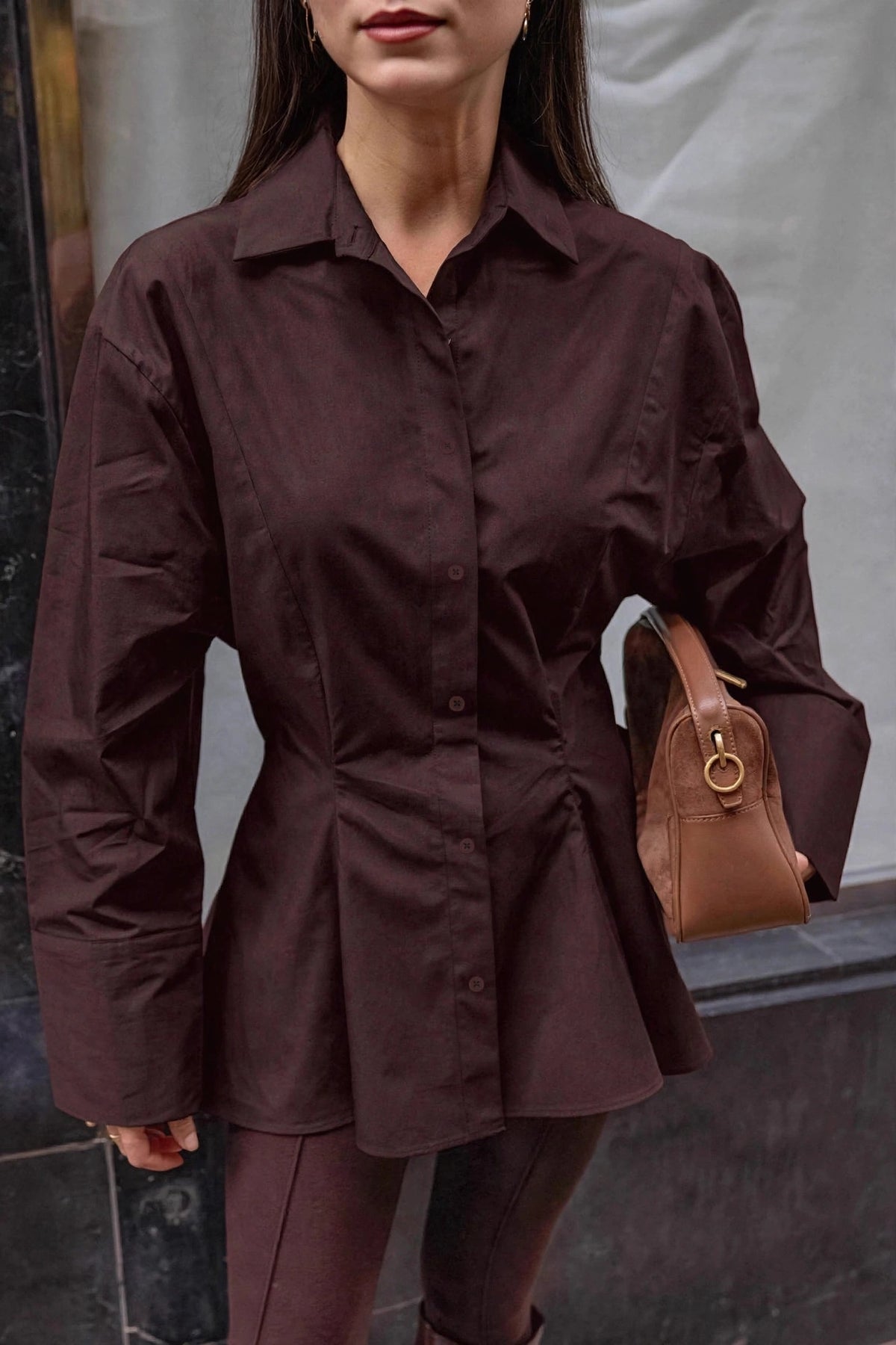 Plissée Brown Pleated Shirt on model