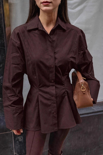 Plissée Brown Pleated Shirt on model