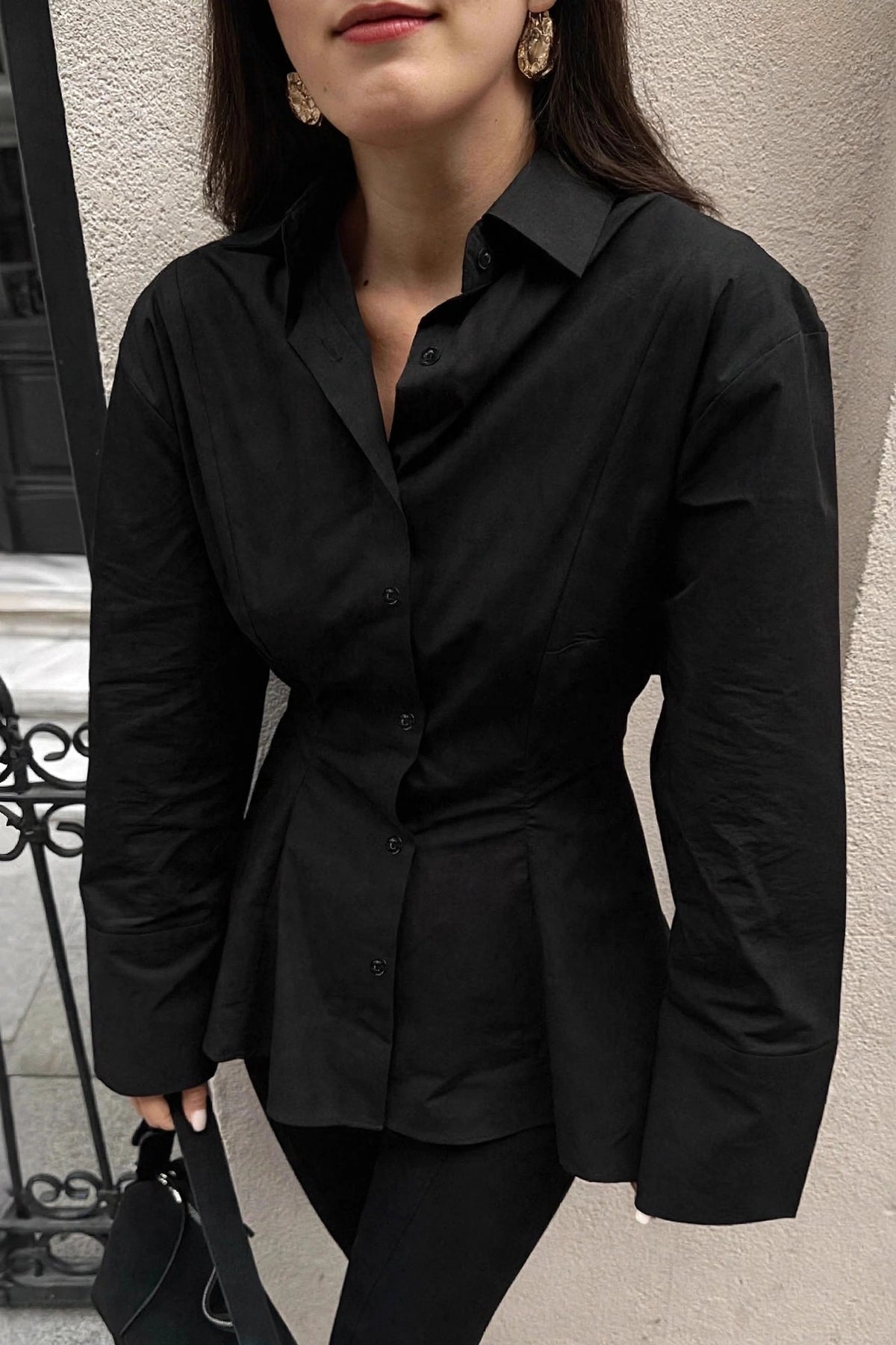 Plissée Brown Pleated Shirt on model