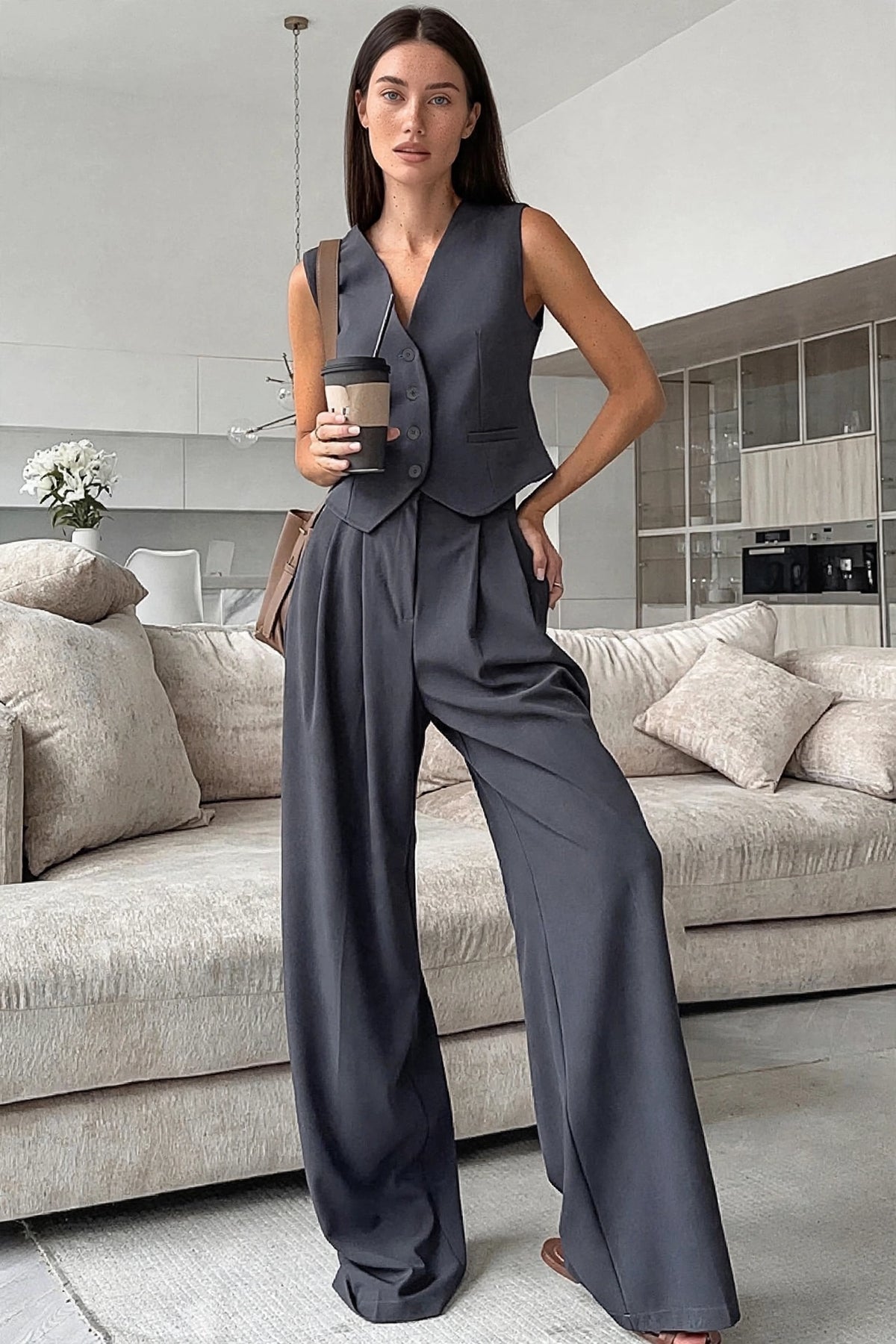 Odile Charcoal Vest & Wide-Leg Trouser Set on model