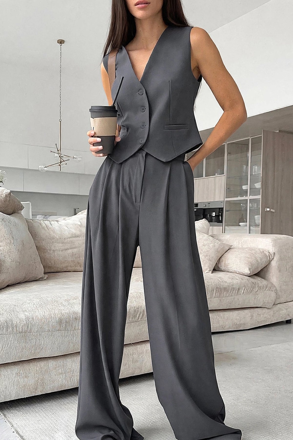 Odile Charcoal Vest & Wide-Leg Trouser Set on model