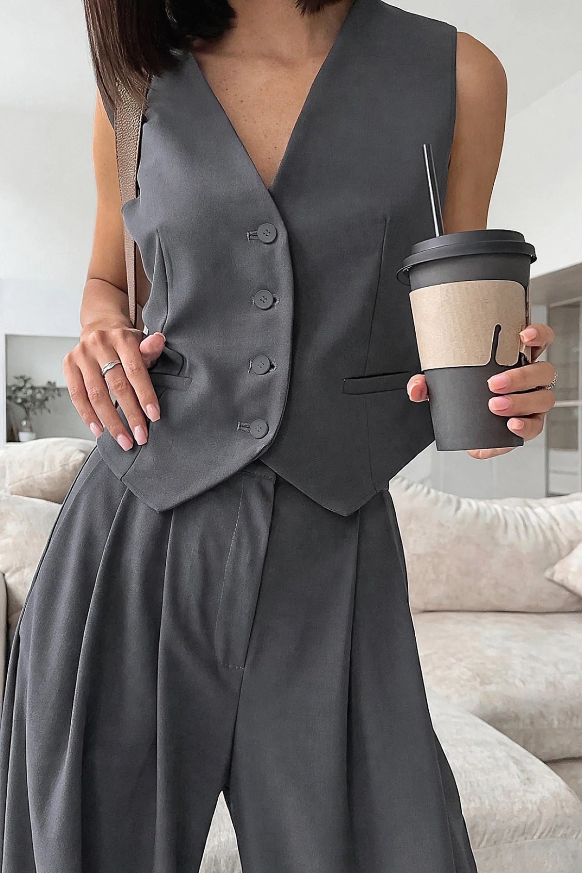 Odile Charcoal Vest & Wide-Leg Trouser Set on model