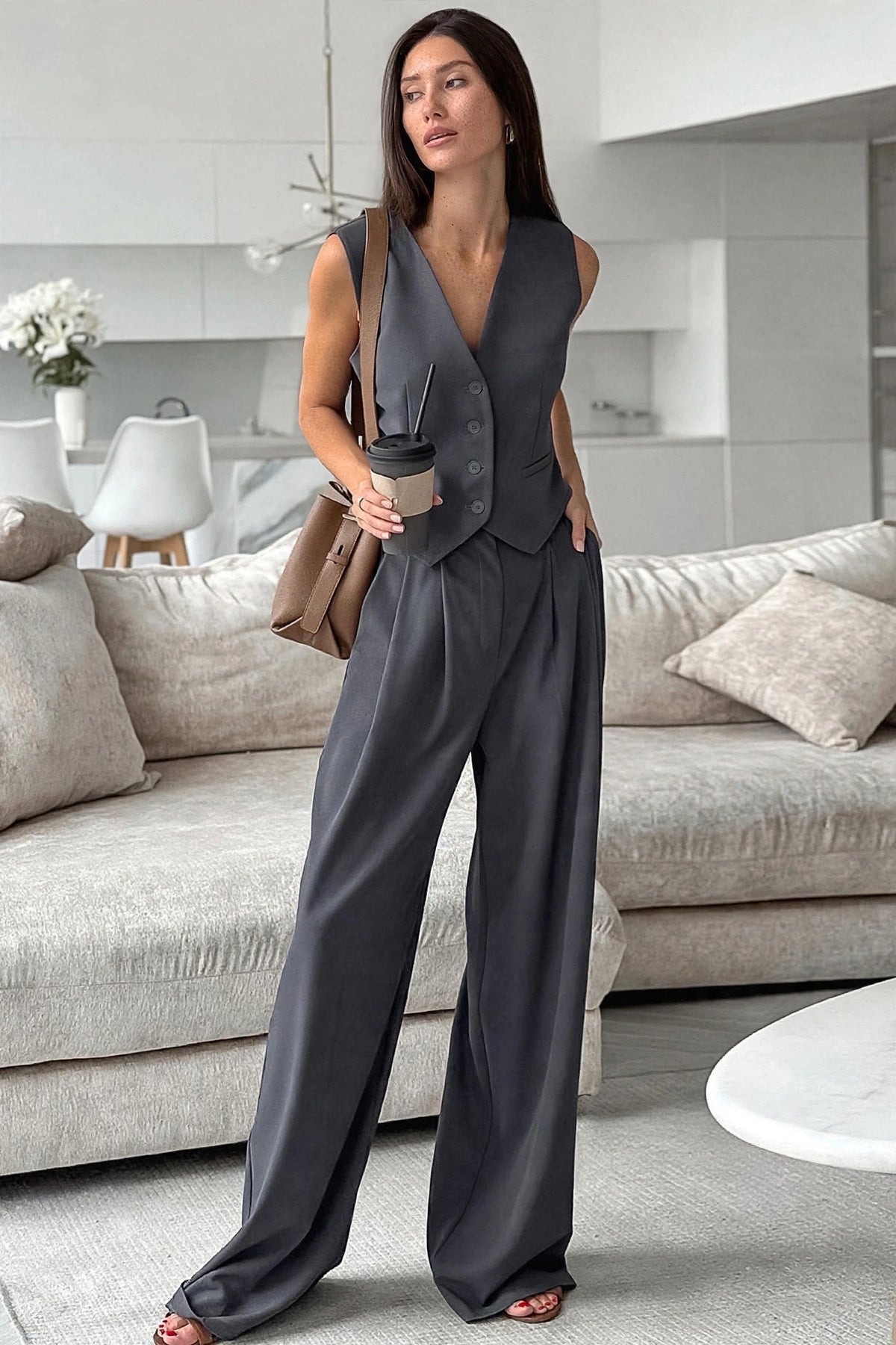 Odile Charcoal Vest & Wide-Leg Trouser Set on model