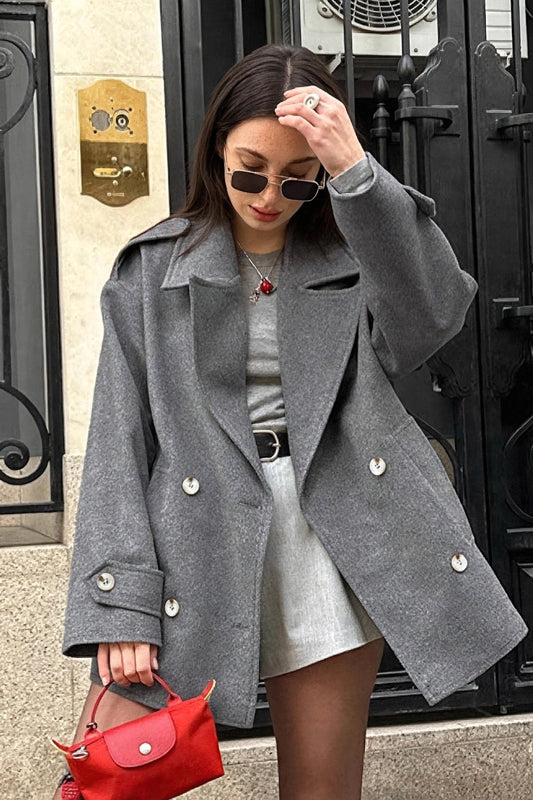 Souris Gray Wool Peacoat on model