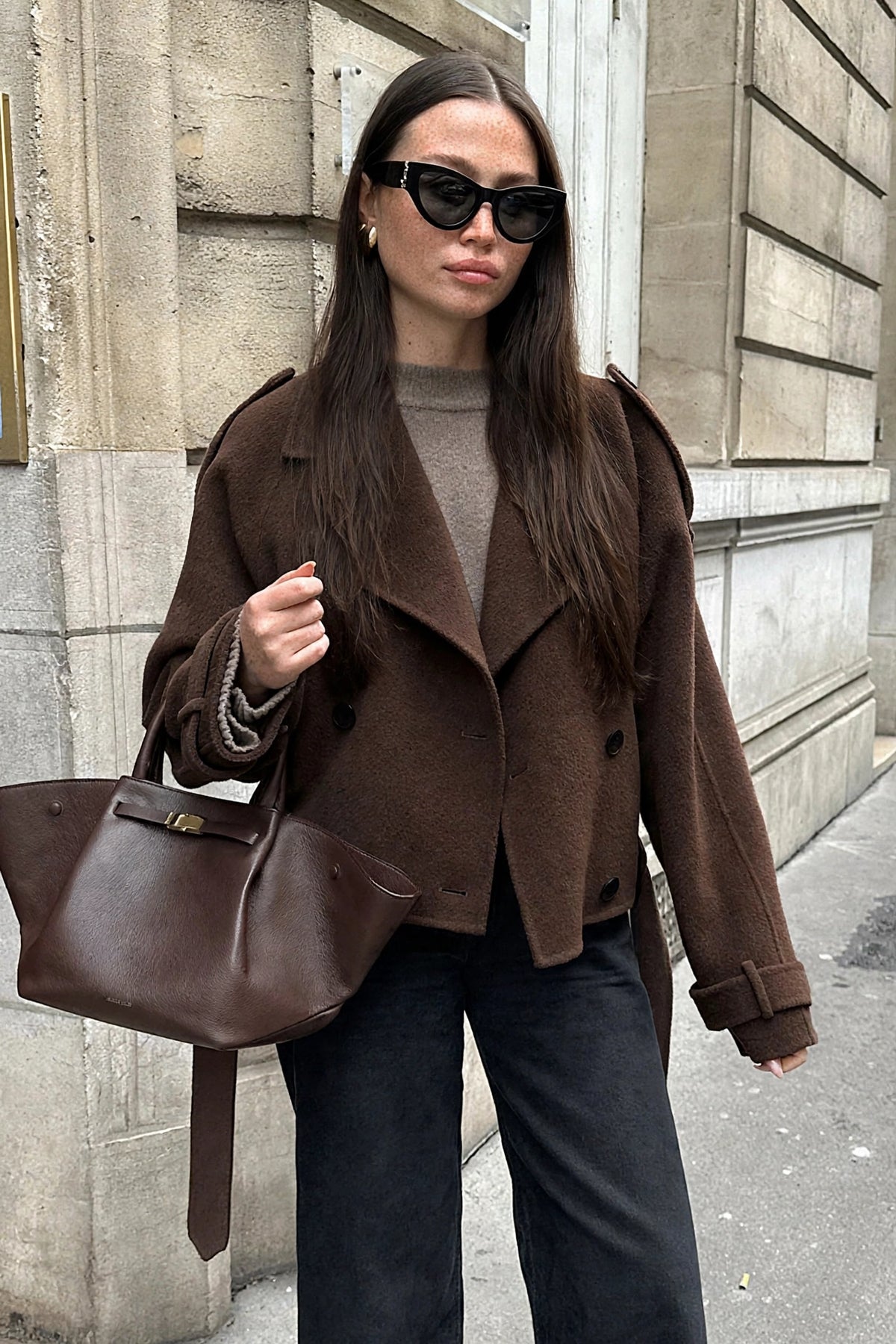 Châtaigne Brown Cropped Wool Jacket on model