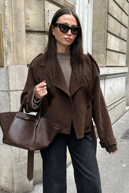 Châtaigne Brown Cropped Wool Jacket on model