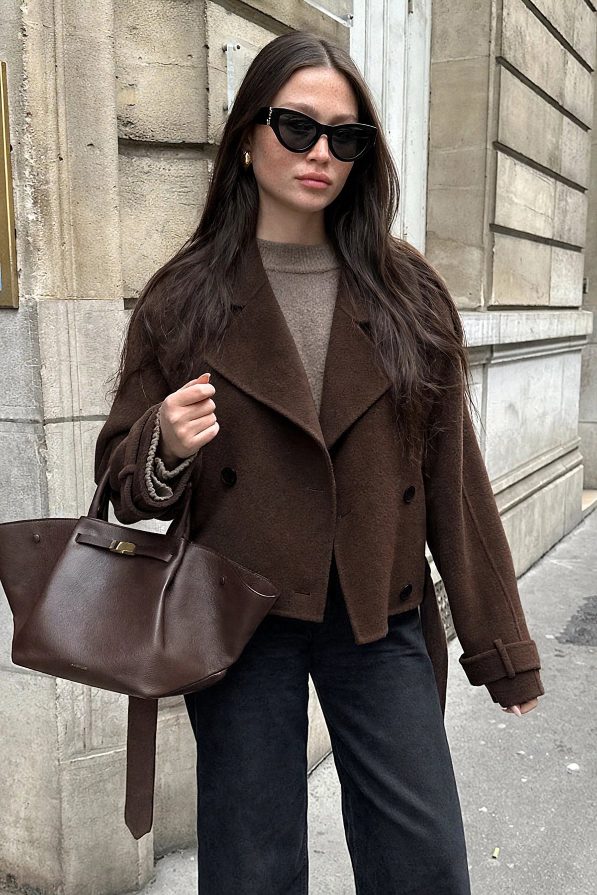 Châtaigne Brown Cropped Wool Jacket on model