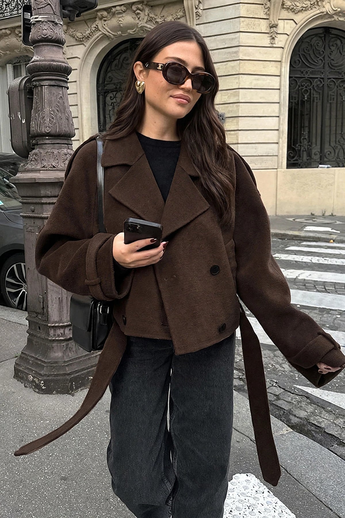 Châtaigne Brown Cropped Wool Jacket on model