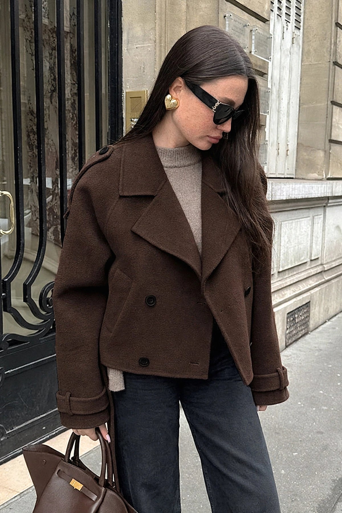 Châtaigne Brown Cropped Wool Jacket on model