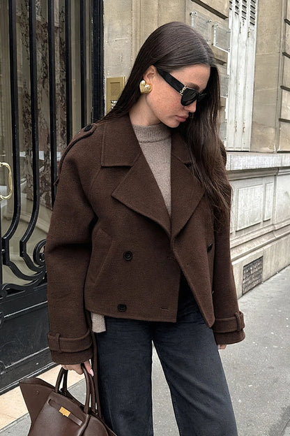 Châtaigne Brown Cropped Wool Jacket on model