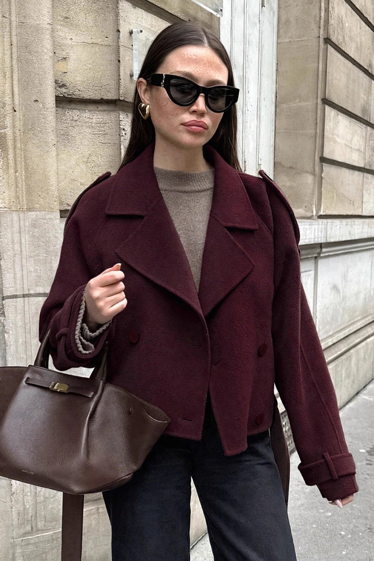 Châtaigne Brown Cropped Wool Jacket on model