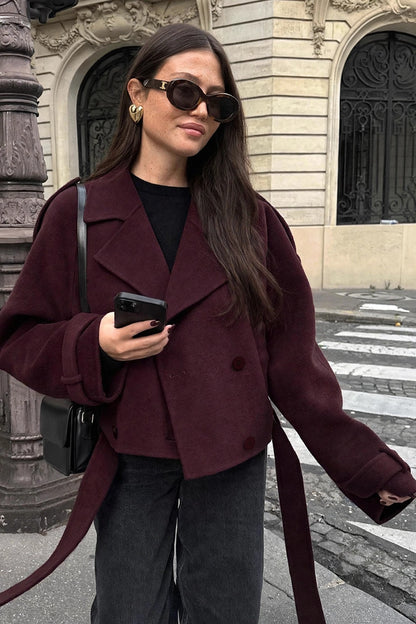 Châtaigne Brown Cropped Wool Jacket on model