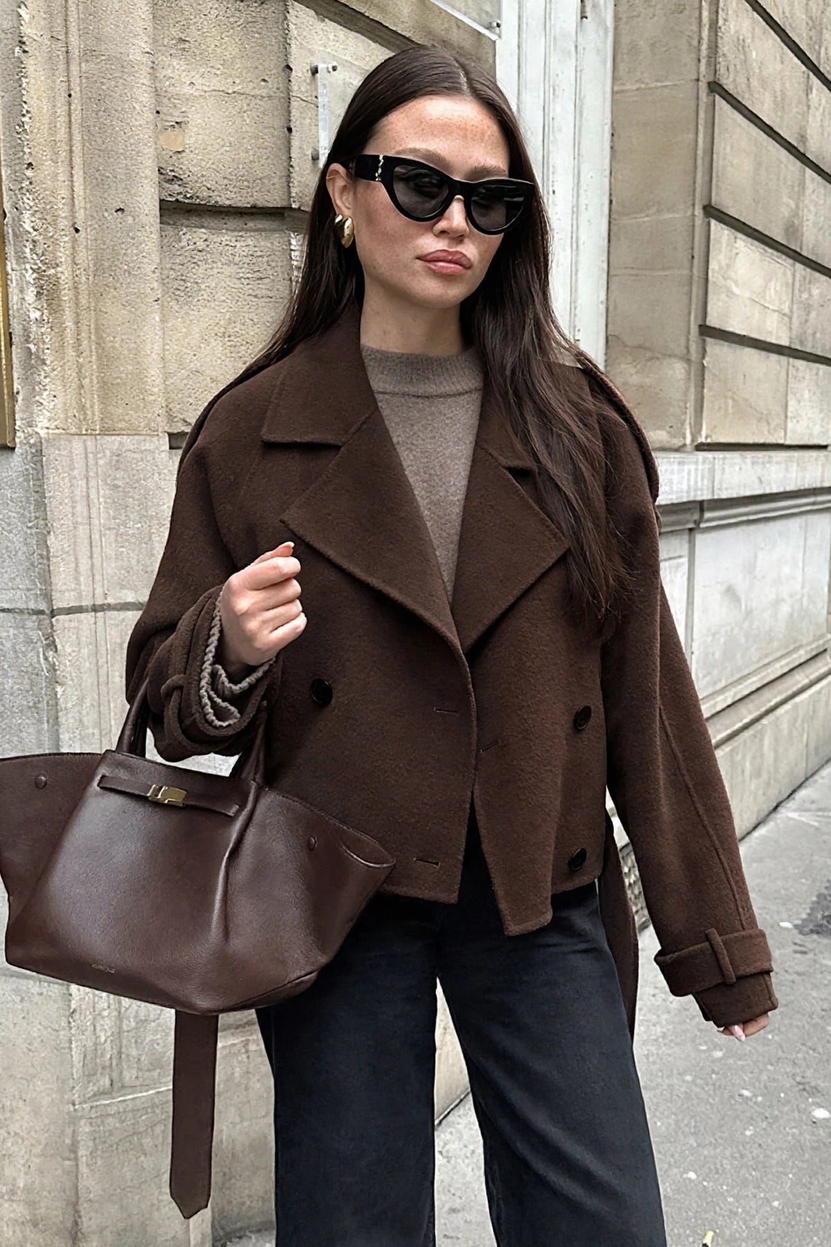 Châtaigne Brown Cropped Wool Jacket on model