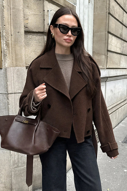 Châtaigne Brown Cropped Wool Jacket on model