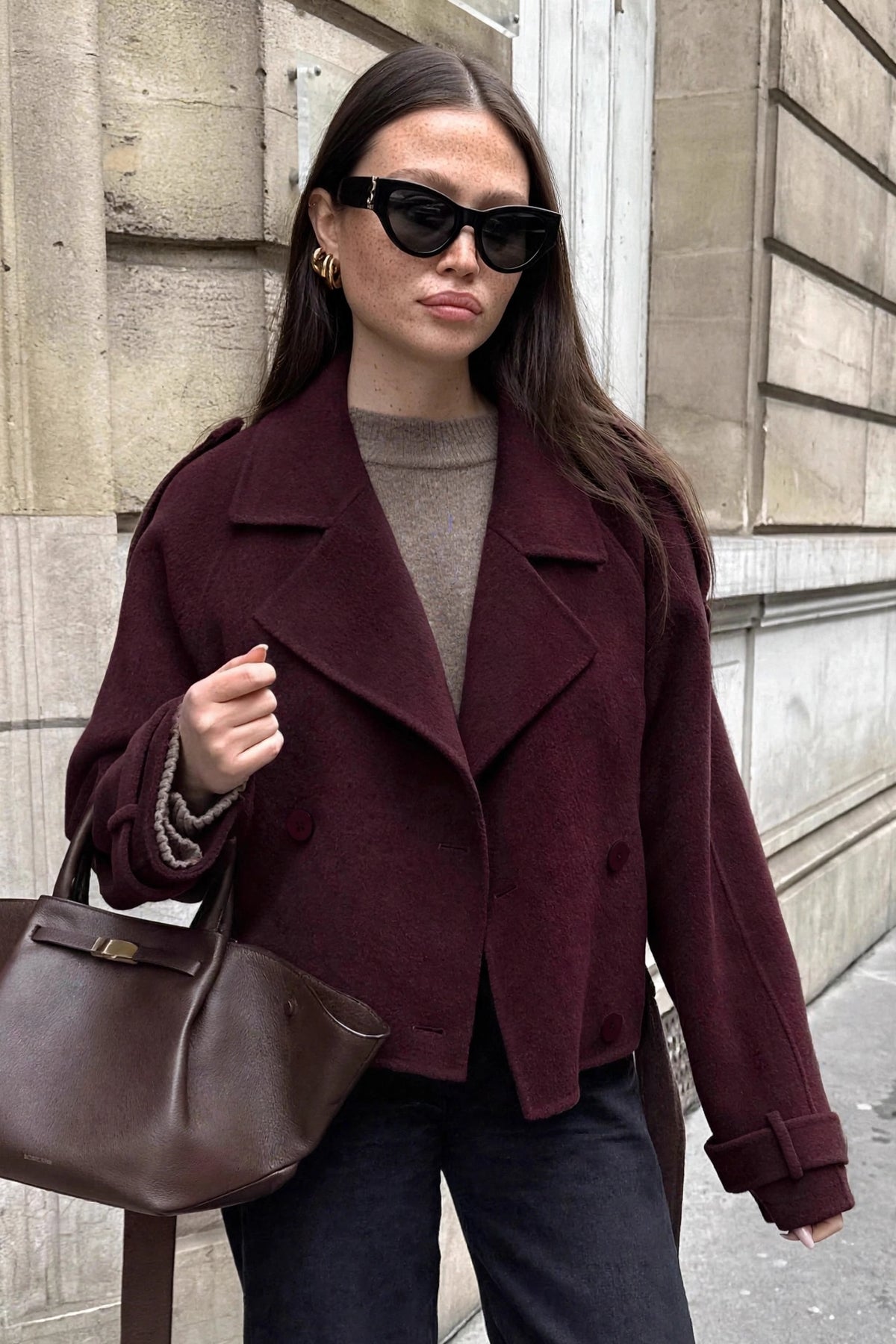 Châtaigne Brown Cropped Wool Jacket on model