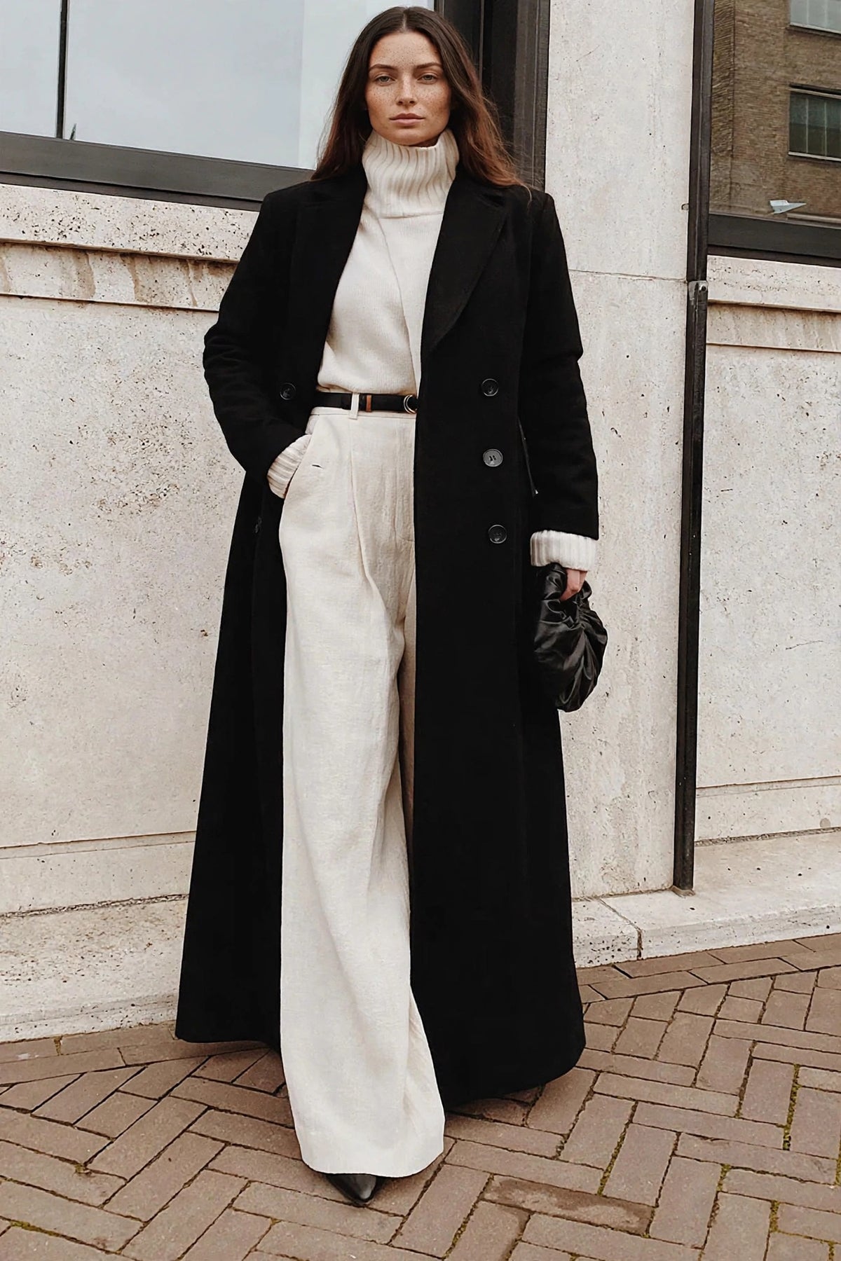 Nuit Black Long Wool Coat on model