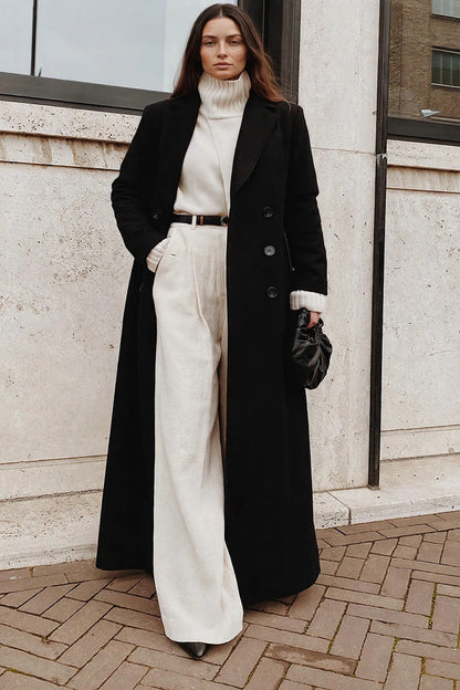 Nuit Black Long Wool Coat on model
