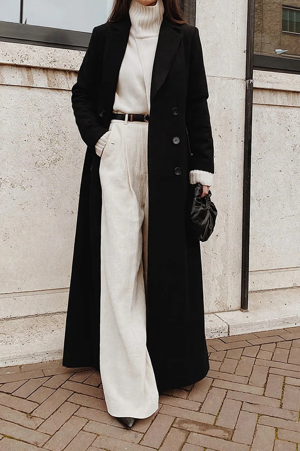 Nuit Black Long Wool Coat on model